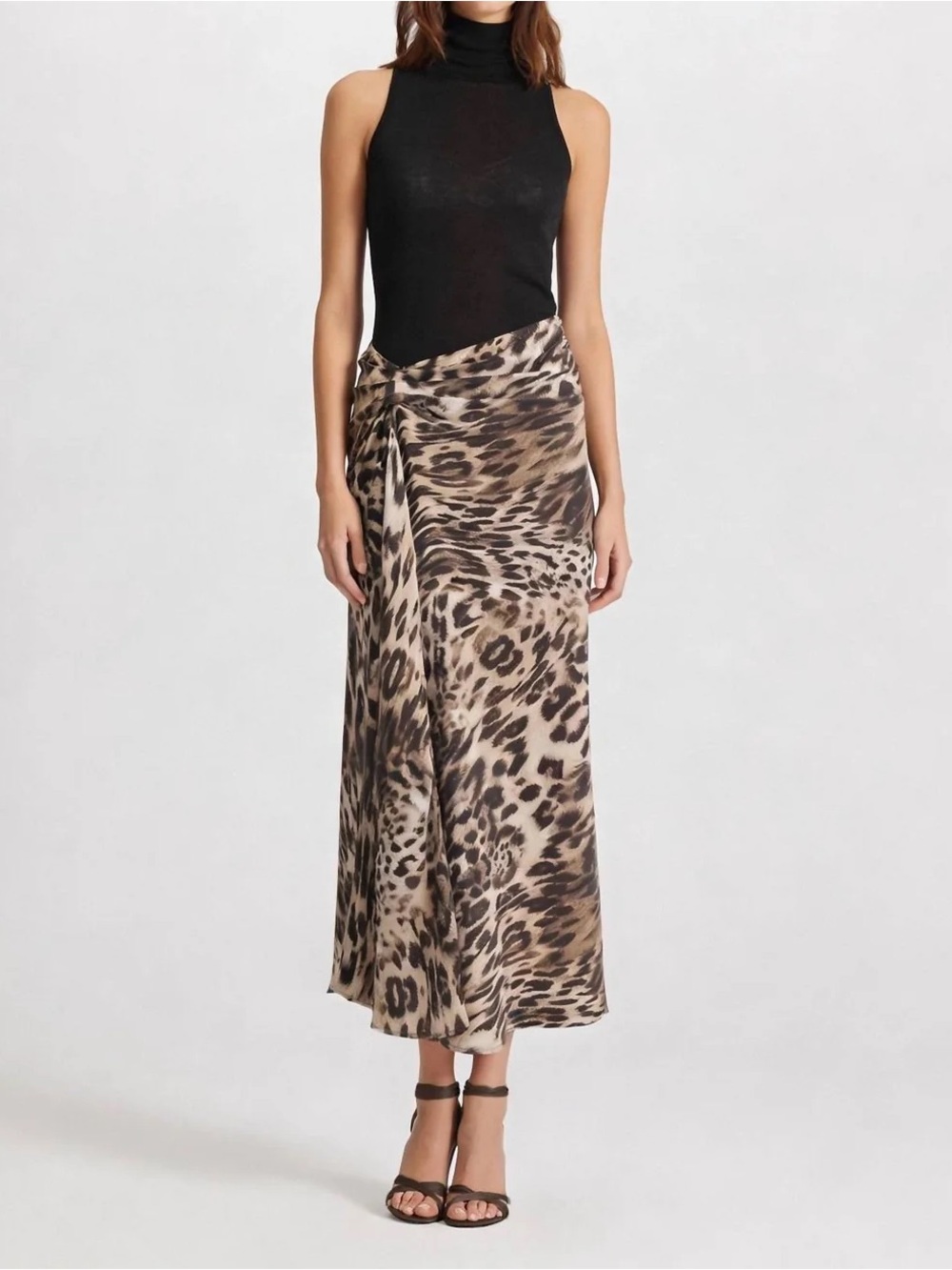 NWT THEO Danae Leopard Print Ruched Wrap Midi Skirt XS